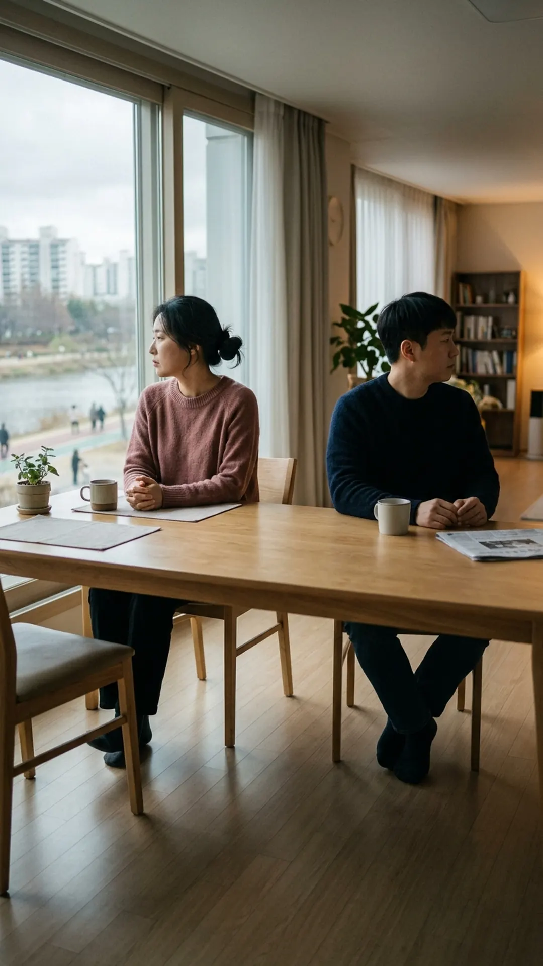 거실 식탁에 마주 앉아 이야기를 나누는 부부 — 연출 이미지