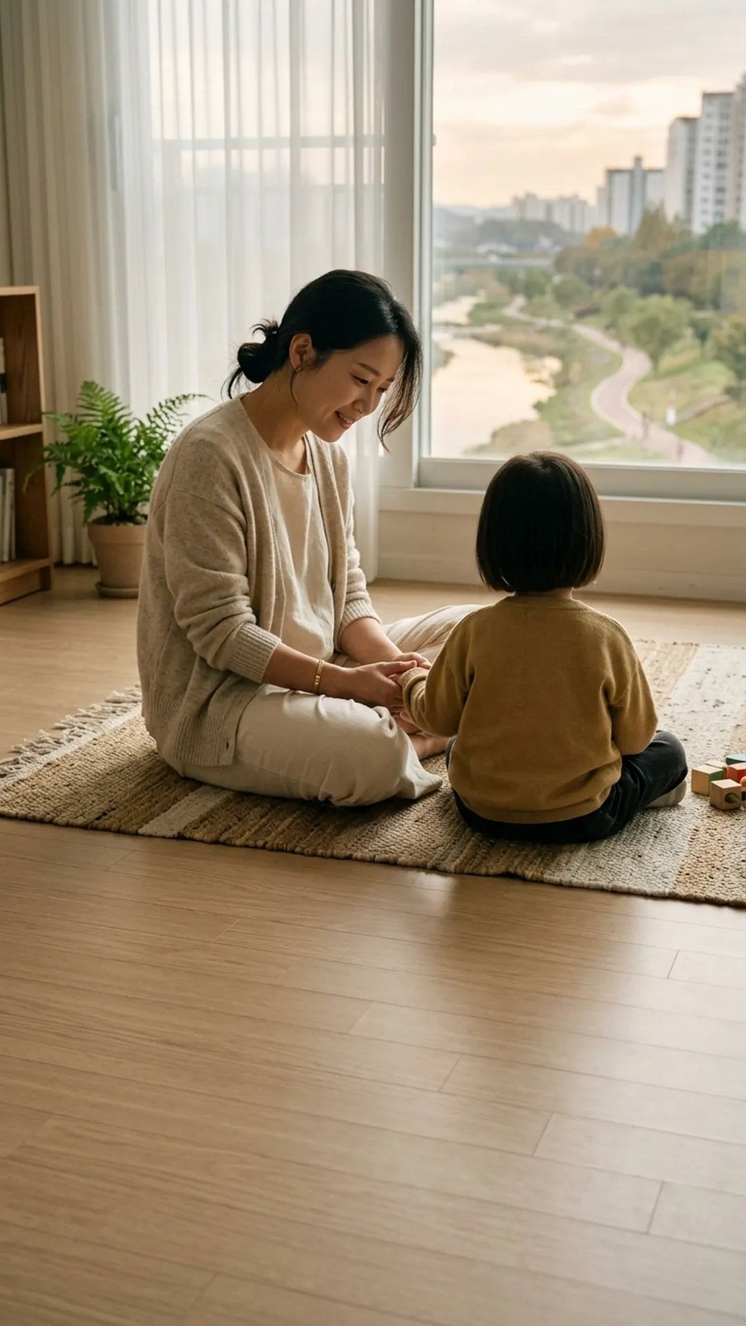 거실 바닥에서 아이와 마주 앉아 대화하는 부모 — 연출 이미지
