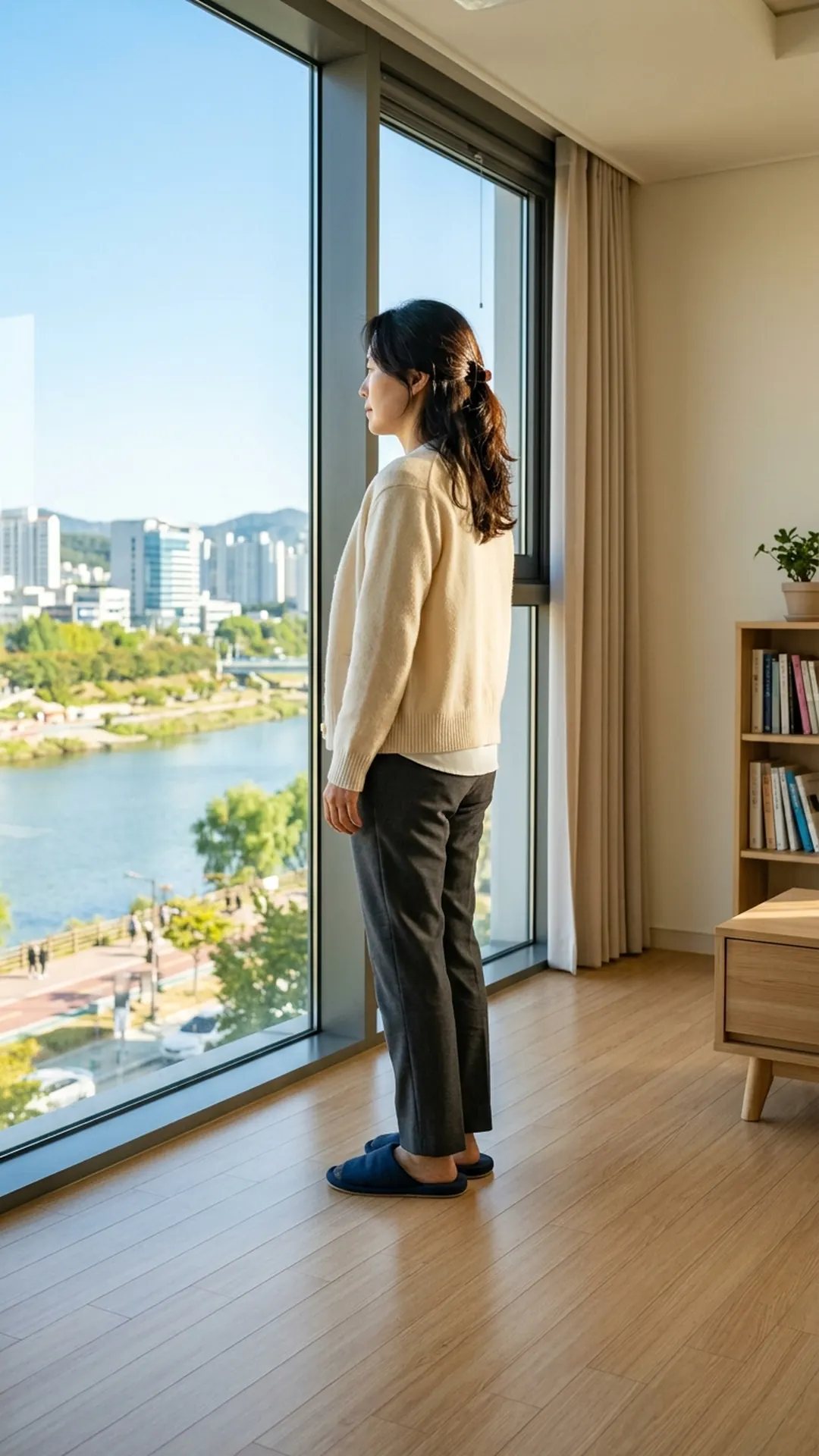 창가에 서서 생각에 잠긴 여성 — 연출 이미지